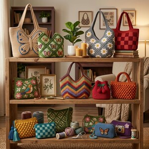 May include: A collection of handcrafted crochet bags in diverse designs and hues. The bags include a beige tote with a butterfly motif, a green bag with butterfly appliqu&eacute;s, and a grey tote adorned with daisies. Other bags showcase floral and geometric patterns.
