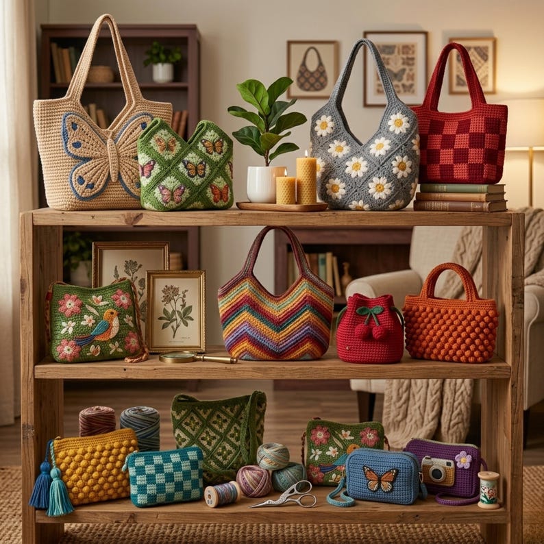 May include: A collection of handcrafted crochet bags in diverse designs and hues. The bags include a beige tote with a butterfly motif, a green bag with butterfly appliqu&eacute;s, and a grey tote adorned with daisies. Other bags showcase floral and geometric patterns.