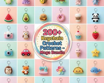 May include: A variety of crochet keyrings, including a frog, octopus, bee, turtle, bunny, and elephant. The image also features a watermelon slice, avocado, burger, donut, coffee cup, and panda. The centre of the image has a circular graphic with the text "200+ Keychain Crochet Patterns - Mega Bundle."