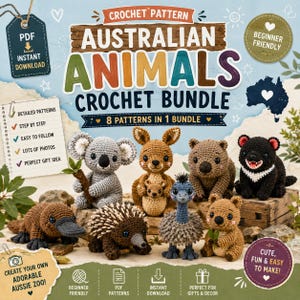 Könnte beinhalten: Ein digitales Häkelmuster-Paket mit dem Titel Australian Animals mit acht Anleitungen. Das Bild zeigt gehäkelte Figuren von Koala, Känguru mit Jungtier, Wombat, Tasmanischem Teufel, Schnabeltier, Ameisenigel, Emu und Quokka auf rustikalem Grund.
