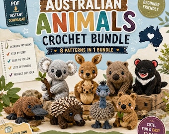 May include: A digital crochet pattern bundle titled Australian Animals featuring eight patterns. The image displays crocheted figures of a koala, kangaroo with joey, wombat, Tasmanian devil, platypus, echidna, emu, and quokka on a rustic background.