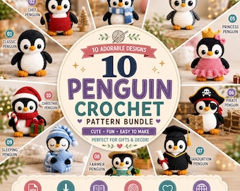 Op de afbeelding: Een digitaal patroonpakket voor 10 gehaakte pinguïns, inclusief ontwerpen zoals een chef, winter, baby, prinses, piraat, afgestudeerde, boer, slapende en kerstpinguïn. De centrale tekst luidt 10 PENGUIN CROCHET PATTERN BUNDLE.