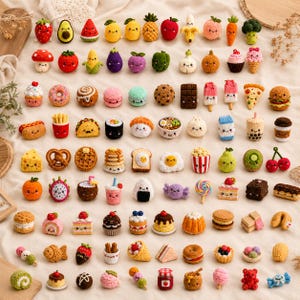 May include: A collection of numerous small, crocheted food items arranged in rows. The set includes various fruits, vegetables, desserts, snacks, and drinks, each featuring a simple, embroidered smiling face and vibrant, multi-coloured yarn textures.
