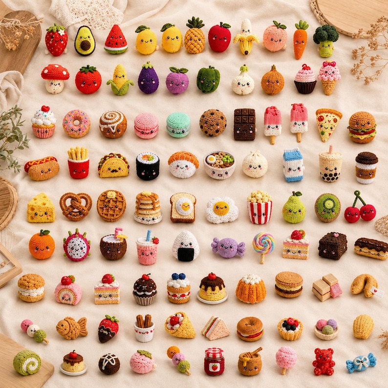 May include: A collection of numerous small, crocheted food items arranged in rows. The set includes various fruits, vegetables, desserts, snacks, and drinks, each featuring a simple, embroidered smiling face and vibrant, multi-coloured yarn textures.