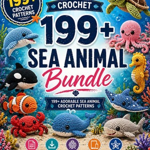 Puede incluir: Una portada digital para una colección de 199+ patrones de ganchillo de animales marinos. Presenta criaturas marinas tejidas a ganchillo, incluyendo una tortuga, pulpo, caballito de mar, raya, tiburón, ballena, cangrejo, pez payaso, delfín y orca sobre un fondo submarino.