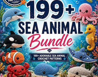Op de afbeelding: Een digitale cover voor een collectie van 199+ haakpatronen van zeedieren. Het toont gehaakte zeedieren, waaronder een schildpad, octopus, zeepaardje, rog, haai, walvis, krab, clownvis, dolfijn en orka tegen een onderwaterachtergrond.