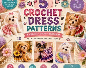 Op de afbeelding: Een digitale gids getiteld 5 Crochet Dress Patterns met vijf foto's van kleine honden in kleurrijke gehaakte jurkjes. Het ontwerp bevat illustraties van garenbollen, haaknaalden en bloemen, met tekst over PDF-patronen en instructies.