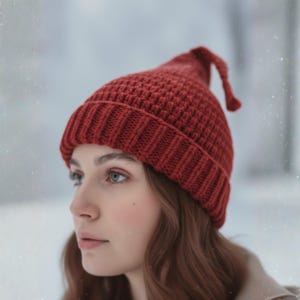 Puede incluir: Un gorro de punto rojo ladrillo con un patrón texturizado y una pequeña parte superior puntiaguda. El gorro tiene un borde acanalado y un pequeño detalle de bucle en la parte superior. El gorro está hecho de un material cálido y suave, ideal para el frío.