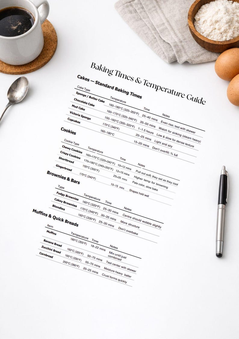 Printable Baking Guide Kitchen Temperature Chart Printable Cooking Reference Digital Print Wall ...