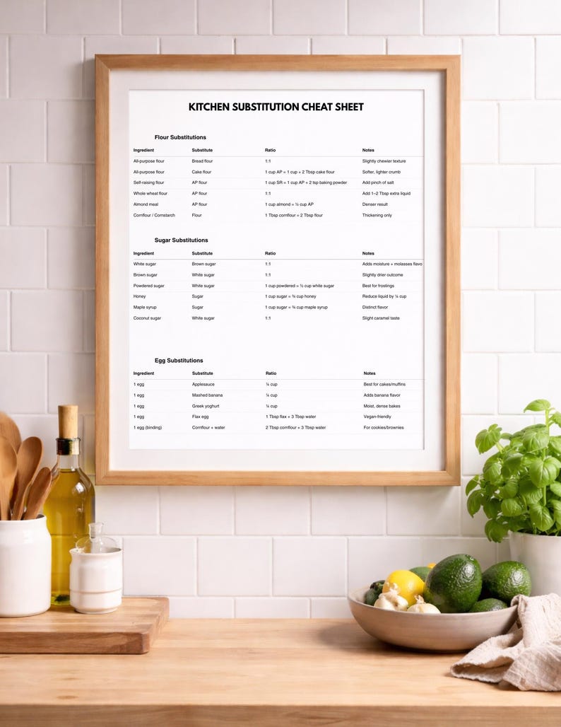 Kitchen Substitution Chart Printable A4 Egg Sugar Flour Substitute Guide Baking Cheat Sheet ...