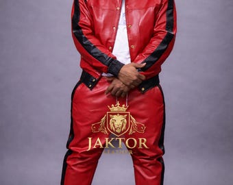 Roter Leder-Sportanzug - Jogging-Stil Herren Active Wear Premium-Leder-Sportanzug - Leder-Sweatsuit - Rot-Schwarze Streifen
