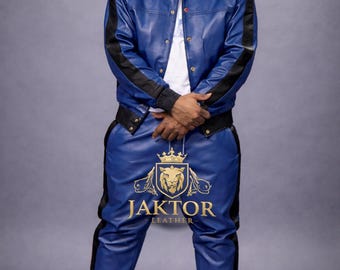 Blauer Leder-Sportanzug - Jogging-Stil Herren Active Wear Premium-Leder-Sportanzug - Leder-Sweatsuit - Blau-Weiße Streifen