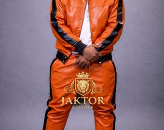 Orangefarbener Leder-Sportanzug - Jogging-Stil Herren Active Wear Premium-Leder-Sportanzug - Leder-Sweatsuit - Orange / Schwarz