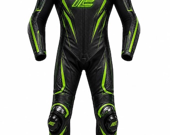 Macacão de corrida MotoGP em couro genuíno: Verde neon com proteção CE.