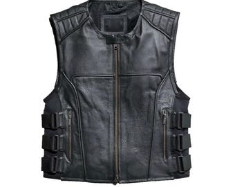 Men's Genuine Cowhide Leather Motorcycle Vest: SWAT Style Biker Waistcoat, Adjustable Fit