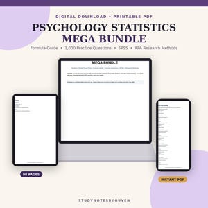 Puede incluir: Un paquete digital Psychology Statistics Mega Bundle que incluye un PDF imprimible con 1.000 preguntas de práctica, guía de fórmulas, SPSS y métodos de investigación APA. La imagen muestra una tableta, un portátil y un teléfono con texto.