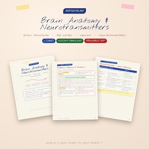 May include: Three pages of handwritten study notes on biopsychology, brain anatomy, and neurotransmitters. The pages feature blue, red, and green text, diagrams, and tables on lined paper, with headers like Brain Anatomy & Neurotransmitters.
