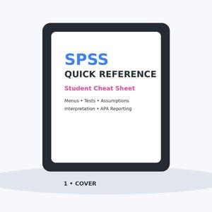 Könnte beinhalten: Ein rechteckiges Dokumentencover mit dunklem Rand und weißer Mitte. Der Text lautet: SPSS QUICK REFERENCE, Student Cheat Sheet, Menus • Tests • Assumptions, Interpretation • APA Reporting. Unter dem Dokument steht der Text: 1 • COVER.