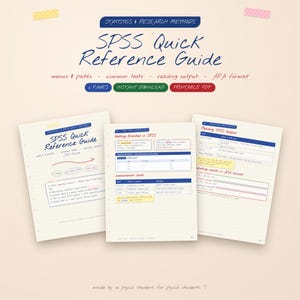 Könnte beinhalten: Ein digitaler SPSS-Kurzreferenzleitfaden mit drei Seiten voller Notizen zu Statistik und Forschungsmethoden. Die Seiten enthalten Tabellen, Aufzählungspunkte und Überschriften wie Reading SPSS Output und Getting Oriented in SPSS mit blauen, grünen und roten Akzenten.