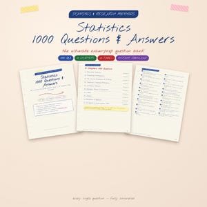 Puede incluir: Una guía de estudio digital titulada Statistics 1000 Questions & Answers, que muestra tres páginas de contenido. Las páginas presentan una tabla de contenidos con 10 capítulos, una lista de preguntas y un resumen de 1000 Q&A, 10 capítulos y 65 páginas.