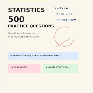 Puede incluir: Una portada de libro de ejercicios de estadística con el texto PREMIUM STUDY WORKBOOK, STATISTICS 500 PRACTICE QUESTIONS, Questions, Answers, Step-by-Step Explanations, A Student-Friendly Statistics Question Bank, 13 CORE TOPICS y 4 BONUS STUDY PDFs.