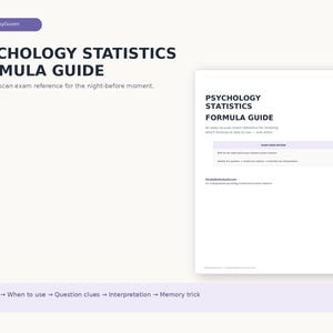 May include: A white document titled Psychology Statistics Formula Guide with black text. It includes sections for exam reference, a StudyNotesbyGuven header, and a footer listing steps: Formula, When to use, Question clues, Interpretation, and Memory trick.