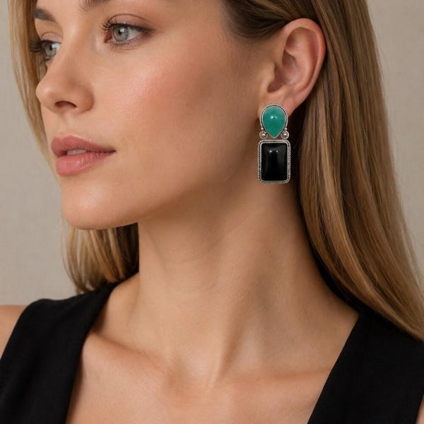 Vintage Reve Sterling Silver Earrings with Onyx & Chrysoprase  Artisan Southwestern Jewelry