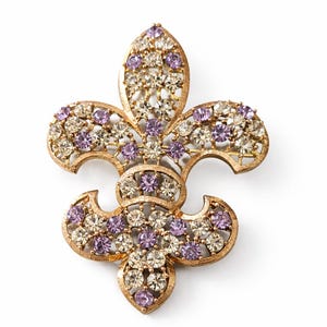May include: Gold-toned fleur-de-lis brooch, adorned with clear and purple rhinestones. The brooch features a classic three-petal design, with a textured gold finish. A decorative accessory for clothing or accessories.