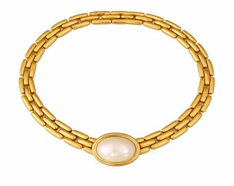 Vintage Givenchy Gold Collar Necklace Pearl Medallion Statement Designer 80s Jewelry