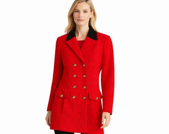 St. John Collection Red Wool Blazer Coat Gold Buttons Black Collar Designer Power Jacket Vintage Luxury
