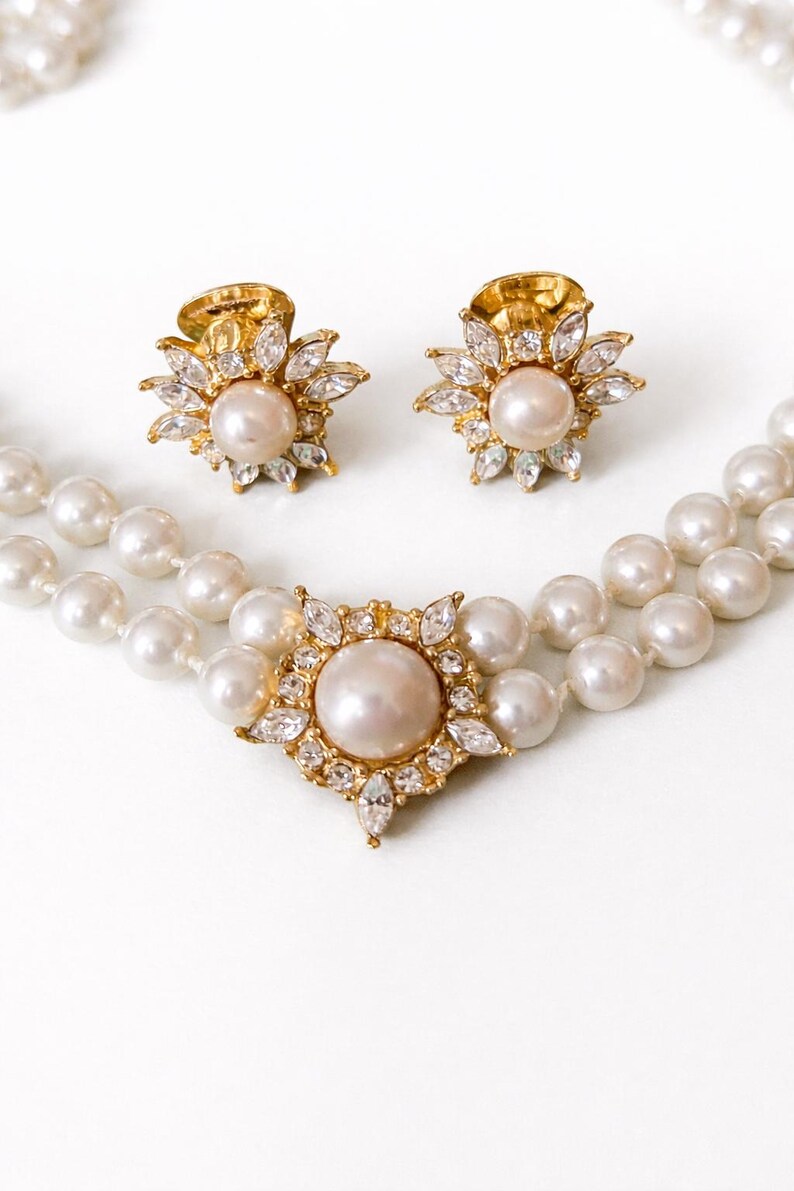 Vintage 1970s Christian Dior Faux Pearl Necklace and Clip-On Earrings Set Gold Tone Crystals Sunburst Bridal Jewelry image 2