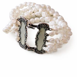 Vintage Foree Sterling Silver Multi Strand Pearl Bracelet Victorian Style Clasp