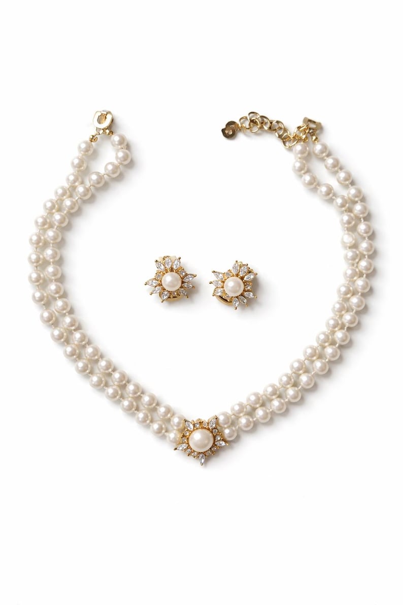Vintage 1970s Christian Dior Faux Pearl Necklace and Clip-On Earrings Set Gold Tone Crystals Sunburst Bridal Jewelry image 1