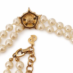 Vintage 1970s Christian Dior Faux Pearl Necklace and Clip-On Earrings Set Gold Tone Crystals Sunburst Bridal Jewelry image 6