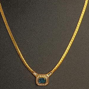 Vintage Christian Dior Gold Tone Necklace with Blue Crystal Pendant | Designer Statement Jewelry