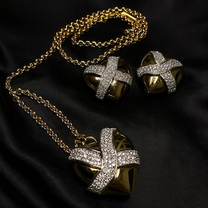 Vintage Givenchy Heart Jewelry Set: Gold Rhinestone Necklace and Clip-On Earrings