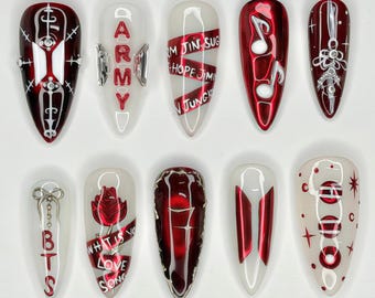 Kpop Concert Press On Nails, Custom BTS Fake Nails, Red and White Army Fandom 3D Nail Art, Kpop Concert Nails, Almond Reusable Nails
