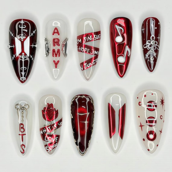 Kpop Concert Press On Nails, Custom BTS Fake Nails, Red and White Army Fandom 3D Nail Art, Kpop Concert Nails, Almond Reusable Nails