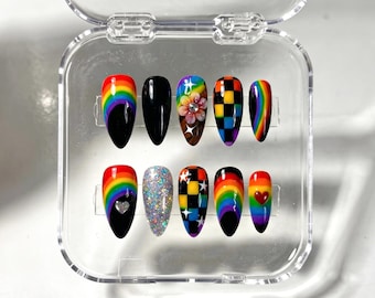 Rainbow Pride Checkerboard Press On Nails: LGBTQ Pride Month Nails, Glossy Black Ombre Glitter Glue On