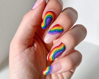 LGBTQ Pride Month Press On Nails | Glitter Rainbow Swirl Fake Nails | Almond Sparkly Pride Nails | Custom Festival Glue On