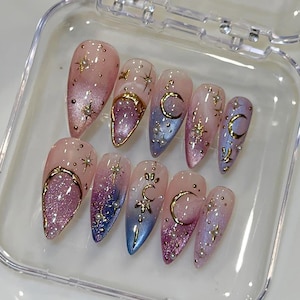 Pastel Ombre Celestial Press On Nails | Pink Blue Galaxy Fake Nails | Gold Moon Star False Nails | Fairycore Almond Custom Nails