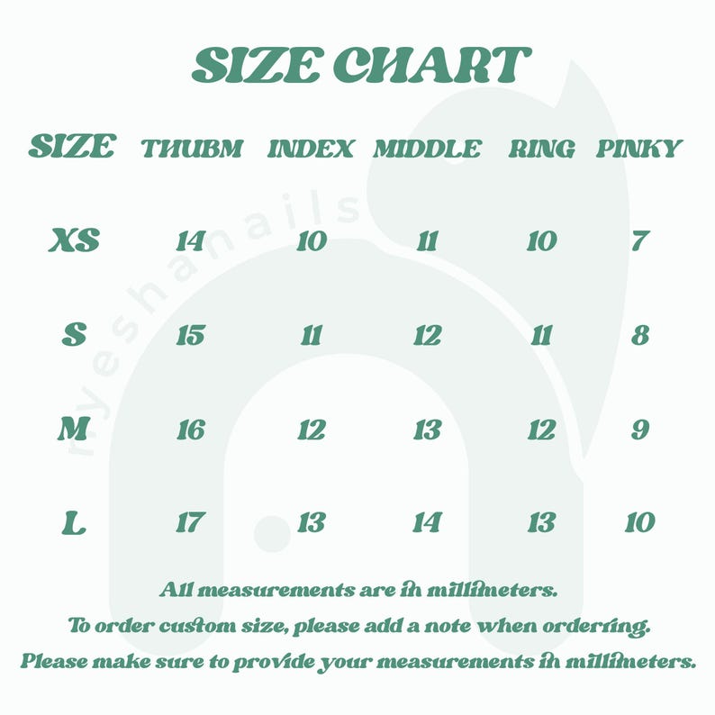 Peut inclure: Un tableau des tailles vert avec l'inscription "SIZE CHART". Il d&eacute;taille les tailles d'ongles en millim&egrave;tres pour chaque doigt, de XS &agrave; L. Des instructions sont incluses pour les tailles personnalis&eacute;es, en millim&egrave;tres.
