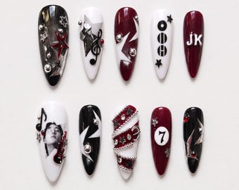 Burgundy Rockstar Press On Nails, BTS Concert Fake Nails | 3D Red Guitar, Star & Music Note | Handmade Stiletto Kpop Concert Nail Art
