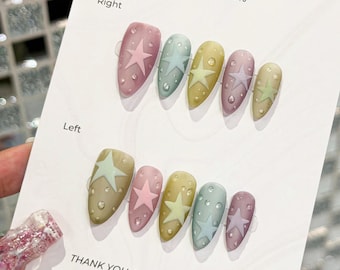 Pastel Star Press On Nails, Handmade Almond Fake Nails | Rainbow Airbrush Star & 3D Dewdrop Design | Y2K Coquette Dreamy Nail Art