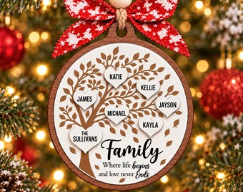 Ornement de Noël Arbre Généalogique Personnalisé, Noms Personnalisés sur Cœurs, Souvenir de Famille, Cadeau pour Grand-mère et Maman, Décoration de Noël pour les Petits-Enfants