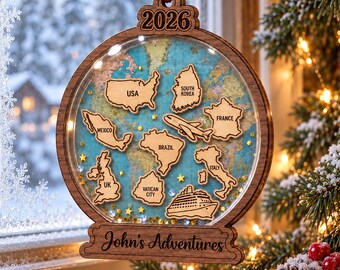 Ornement de Noël personnalisé : Carte des pays visités en 2026, souvenir d'aventure autour du monde, cadeau pour voyageur, décoration souvenir de vacances
