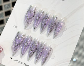 Presse-ongles Aura Butterfly, Faux ongles stylets faits main | Conception 3D d'ailes et de coeurs en chrome lavande | Déco pour ongles Fairycore de l'an 2000