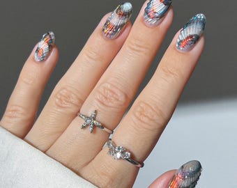 3D Seashell Press On Nails, Dark Mermaid Holographic Almond Fake Nails, Edgy Y2K Nails, Summer Nails, Daily Nails