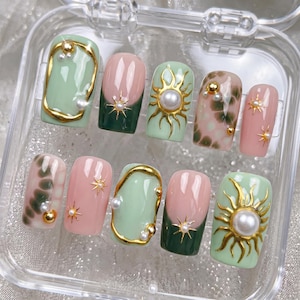 Mint Green Celestial Press On Nails, 3D Gold Sun and Pearl Square Fake Nails
