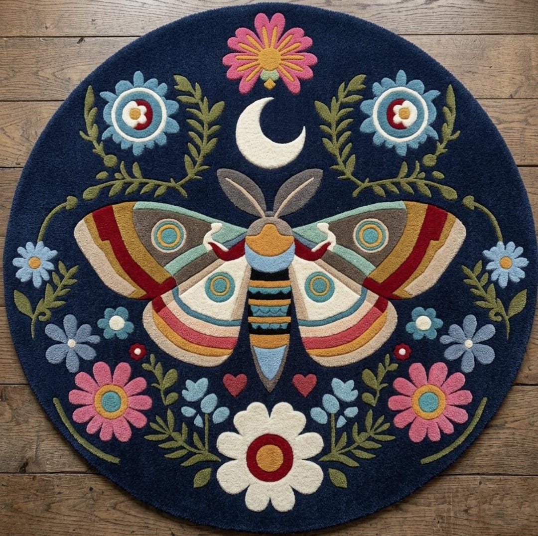 Boho Moth Round Rug, Floral Crescent Moon Carpet, Folk Art Nursery ...